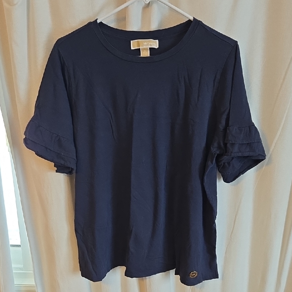 Michael Kors Navy Short Sleeve Ruffle Detail Top